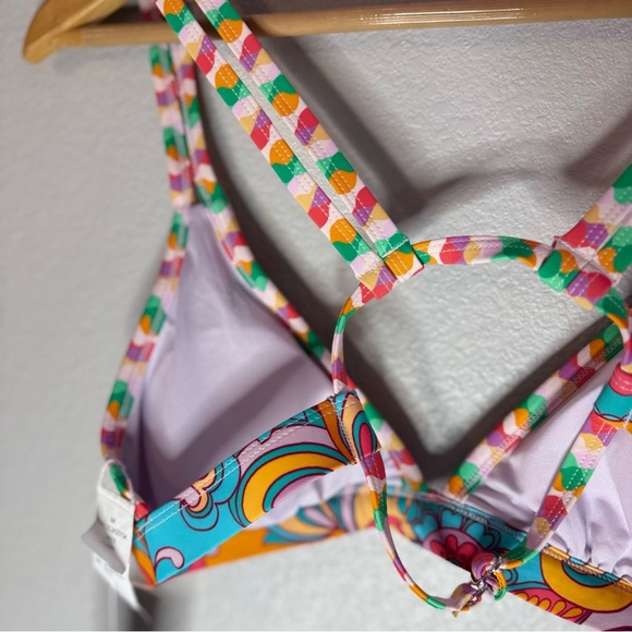 New Boho Wavy Striped Strappy V-Neck Top Cutout Bikini Size M - Picture 8 of 10